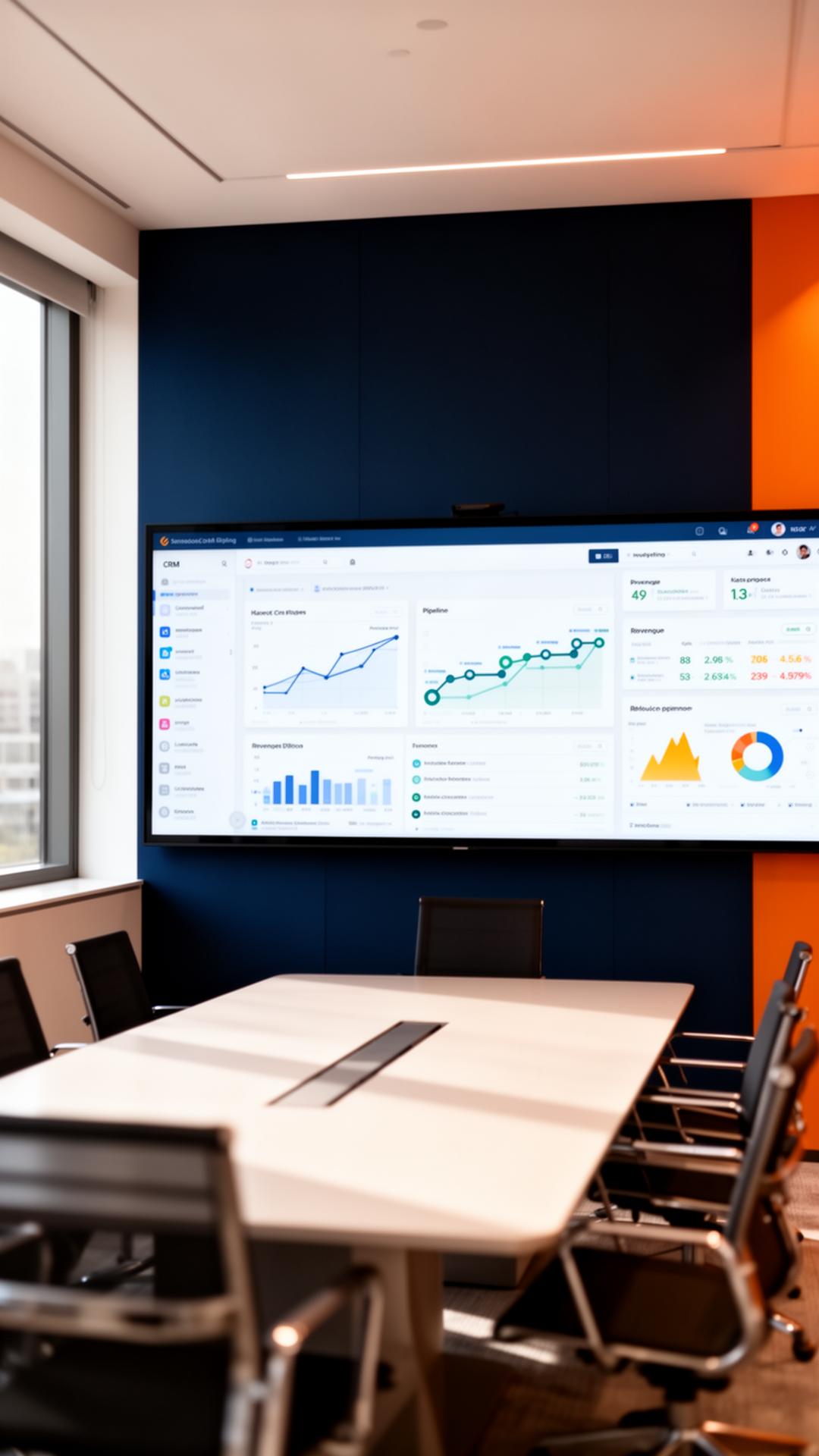 Modern boardroom with CRM dashboards on display