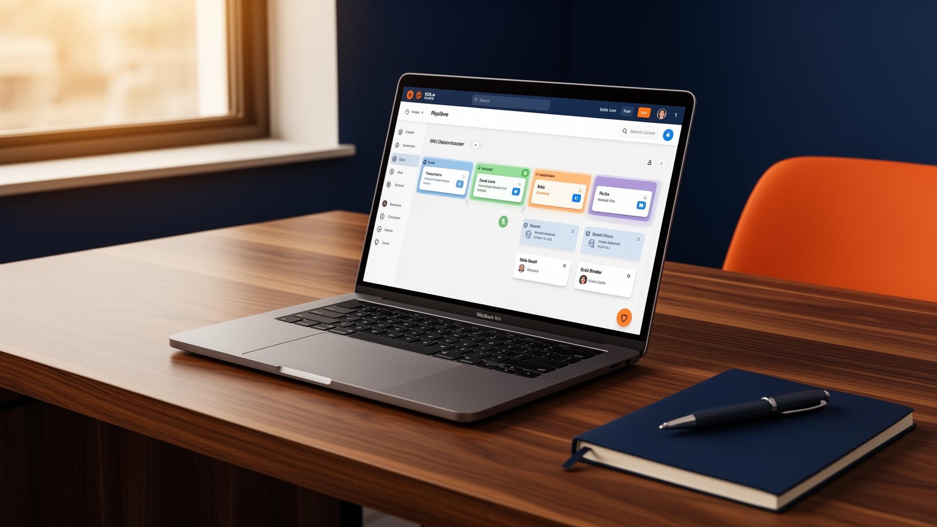 Laptop displaying a CRM pipeline on a corporate desk